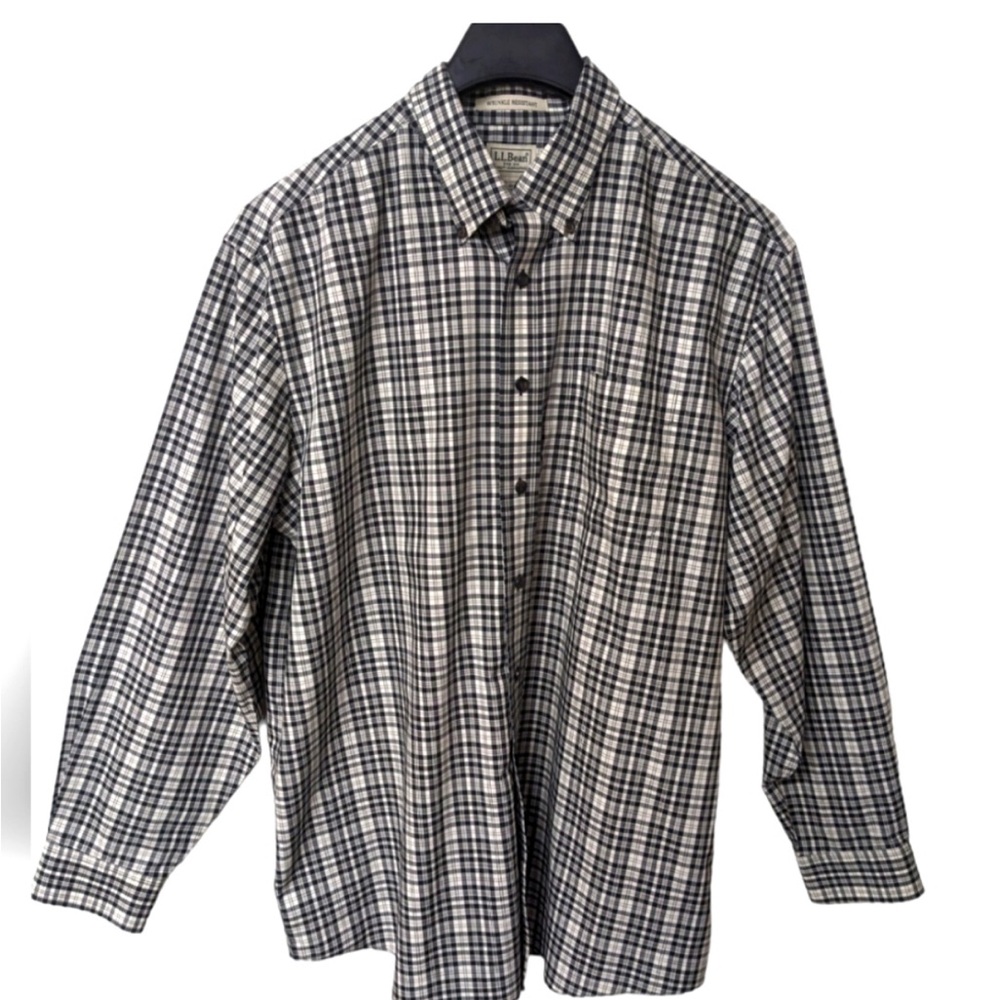 L.L. Bean Black & White Plaid Cotton Wrinkle Resistant Button Down Shirt Large